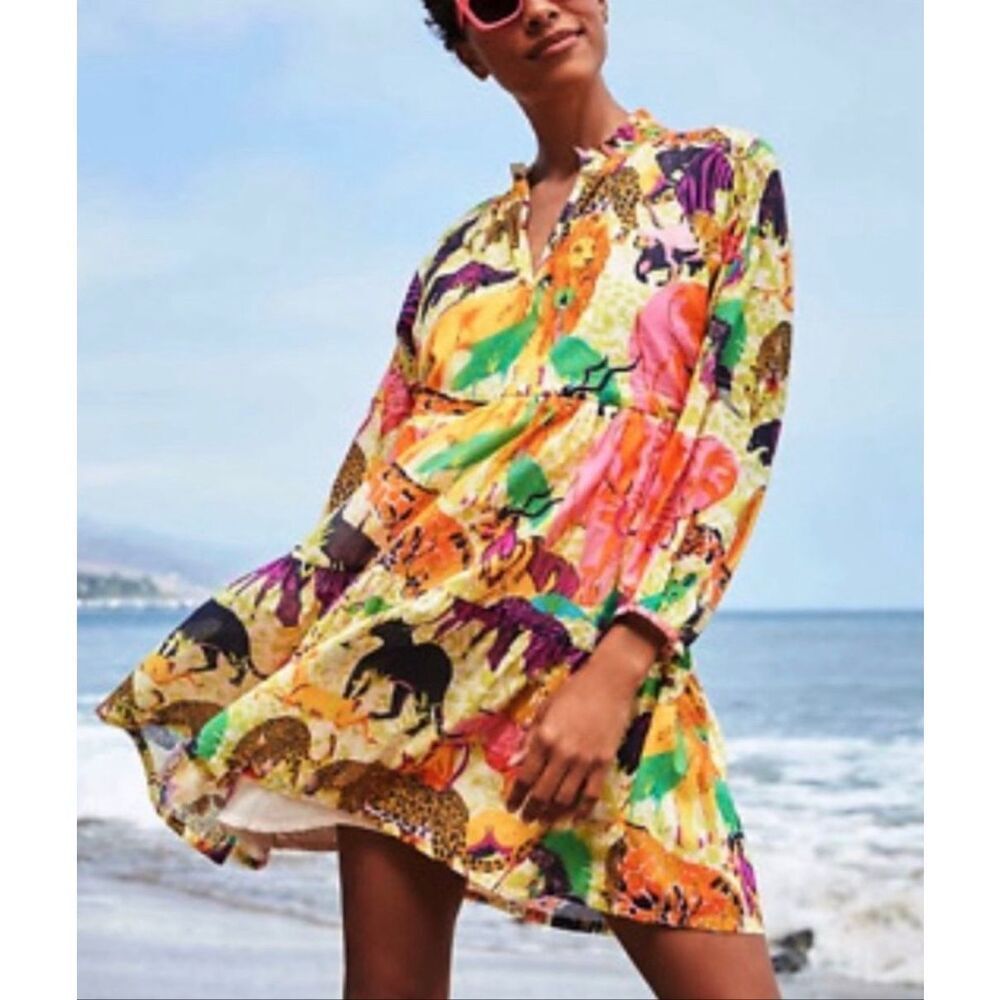 NWOTJ CREW Ratti Safari tiered Popover Dress Animal Print Cotton Neon Sz XXS